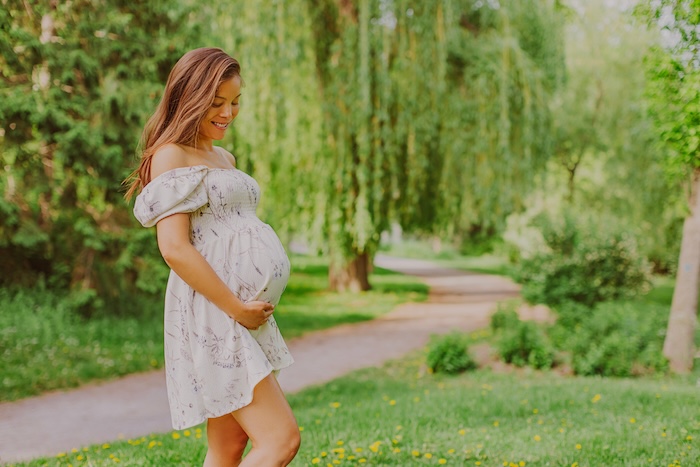 Pregnant Asian woman in a park with a willow tree
